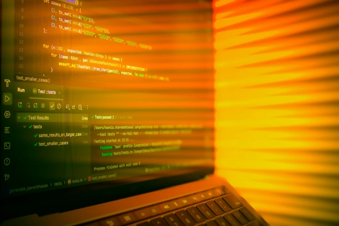 Laptop screen displaying code with orange glow.